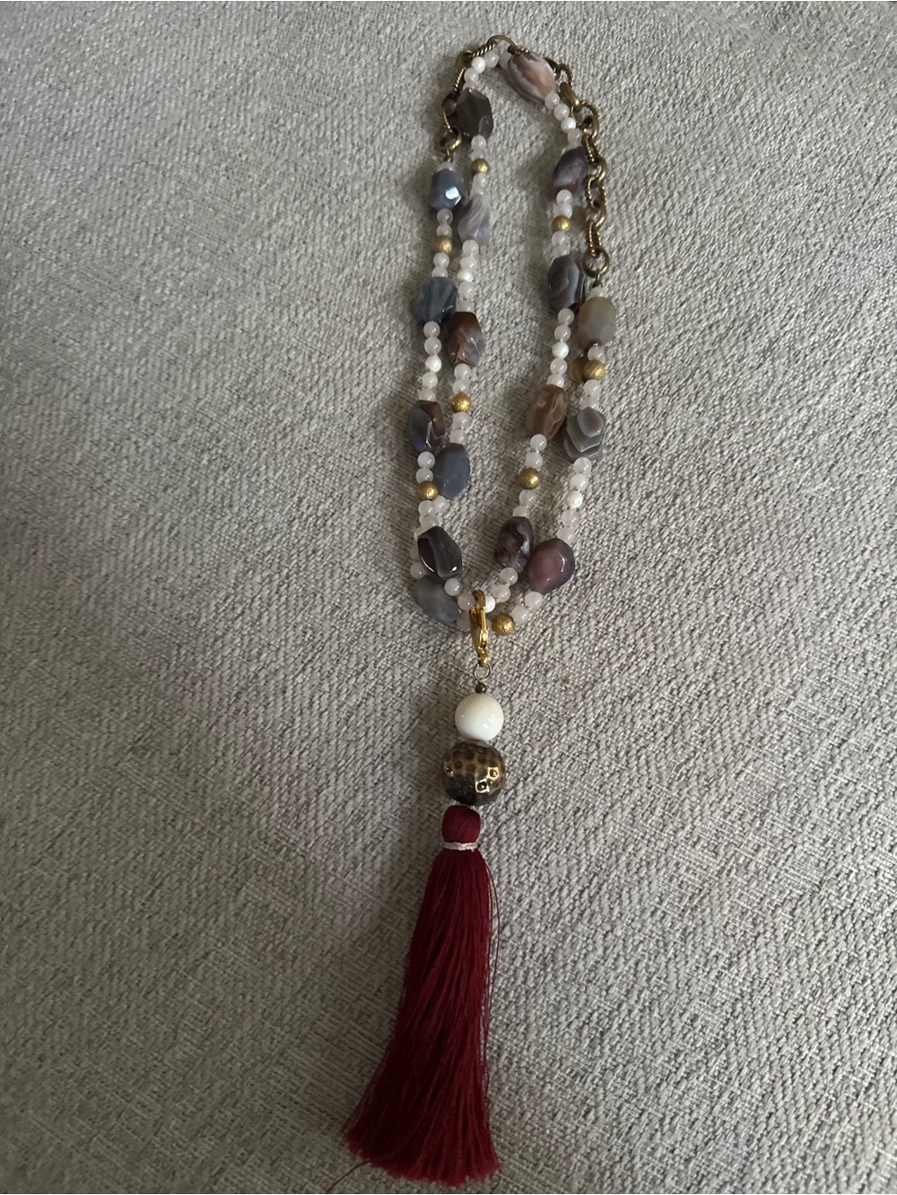 Multi-Stone Beaded Necklace with Burgundy Tassel